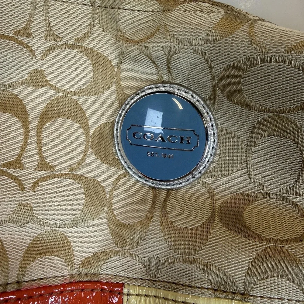 Coach Hobo Bag Womens Medium Beige Signature Poppy Multicolor‎ Patchwork Canvas